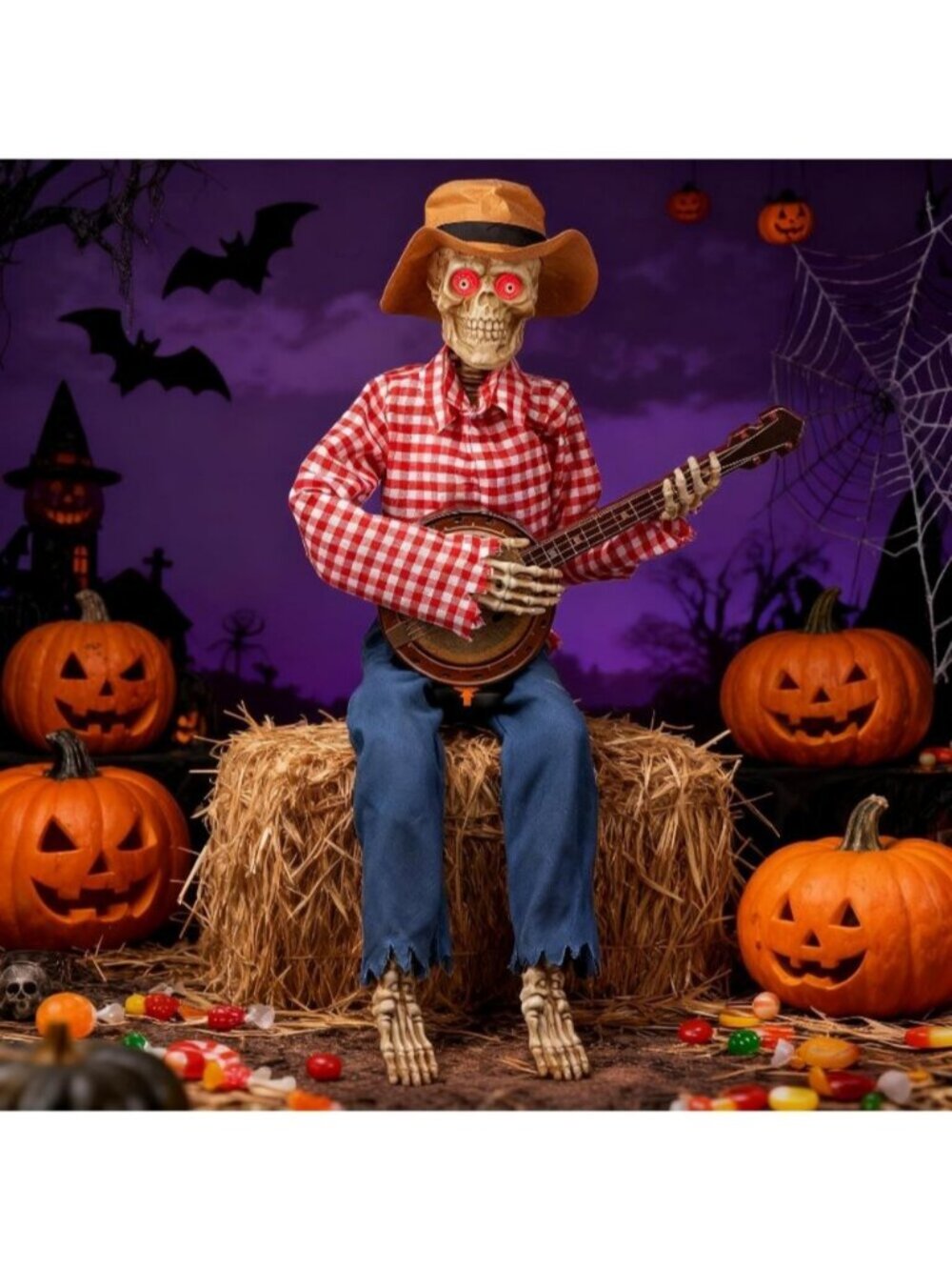 39" Fall Thanksgiving Banjo Playing Skeletons Animated Scarecrow Decorations